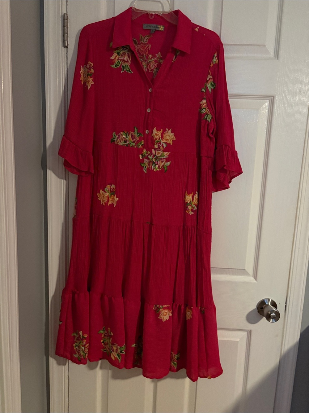 Bright Pink Floral Button-Front Tiered Midi Shirt Dress
